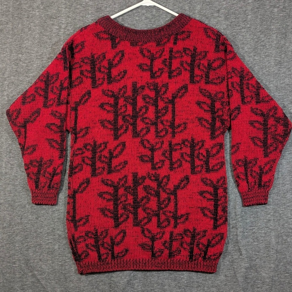 Vintage Kamd Red Black Graphic Leaf Knit Sweater Made in USA Size Small - Picture 2 of 8